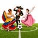 Three dancers in colorful traditional costumes (Mexican folklorico dress, mariachi-style suit, and Korean hanbok) perform around a soccer ball on a green grass field.