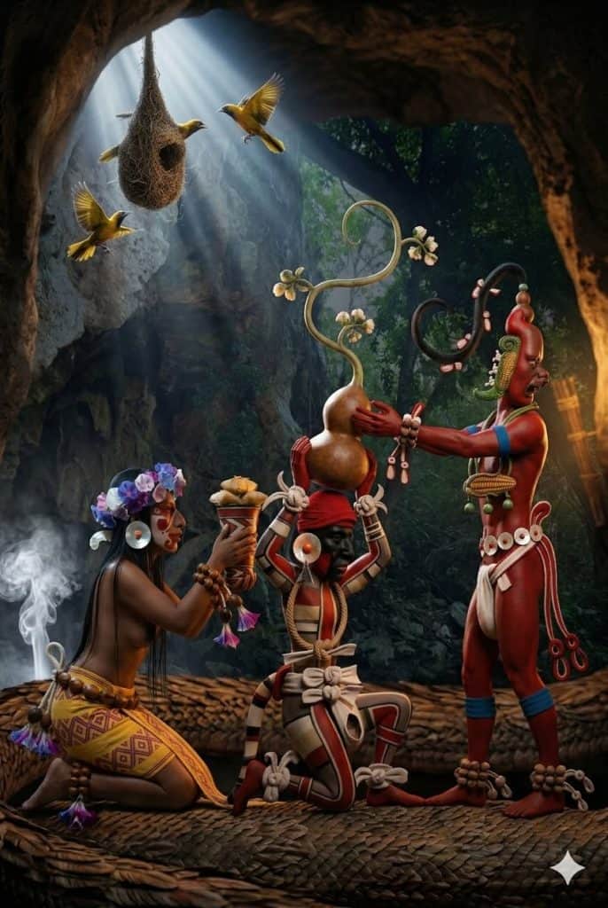 Escena del mural del sitio San Bartolo en Petén, Guatemala.