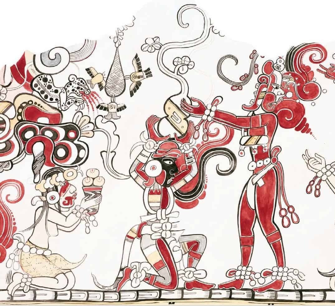 Escena del mural del sitio San Bartolo en Petén, Guatemala.