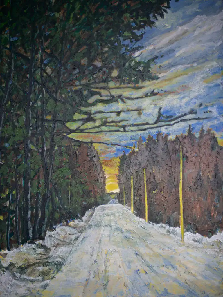 Snowy country road between dark evergreen trees, leading to a golden sunset on the horizon with yellow roadside posts.