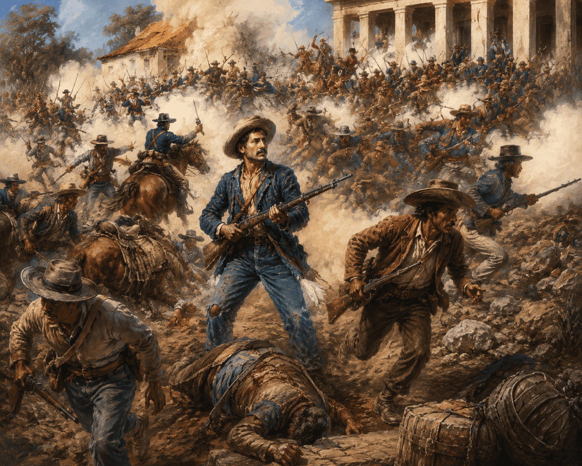 A partir de 1837, Rafael Carrera encabezó varios movimientos militares destacados: primero la insurrección contra el gobierno de Mariano Gálvez quien renunció; después sofocó el alzamiento del Estado de los Altos en 1838; combatió al presidente federal Francisco Morazán, a quien finalmente derrotó en 1840. (Ilustración elaborada con IA a partir de retratos históricos de Rafael Carrera Turcios 1814-1865)