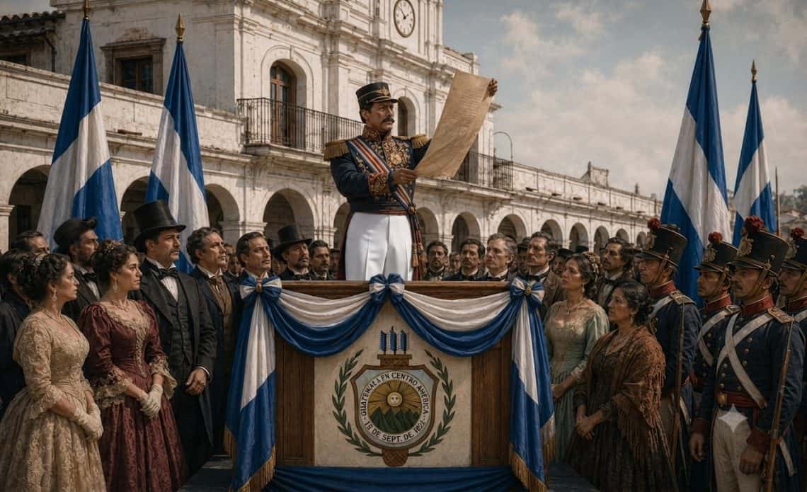 Imagen alegórica de la proclamación de la República de Guatemala, el 21 de marzo de 1841, por el presidente Rafael Carrera, a quien la historia ha calificado tradicionalmente de conservador, sin embargo dentro de ese bando como de los liberales tenía detractores que criticaban su poder y forma de gobierno, a la vez que despreciaban su origen mestizo.