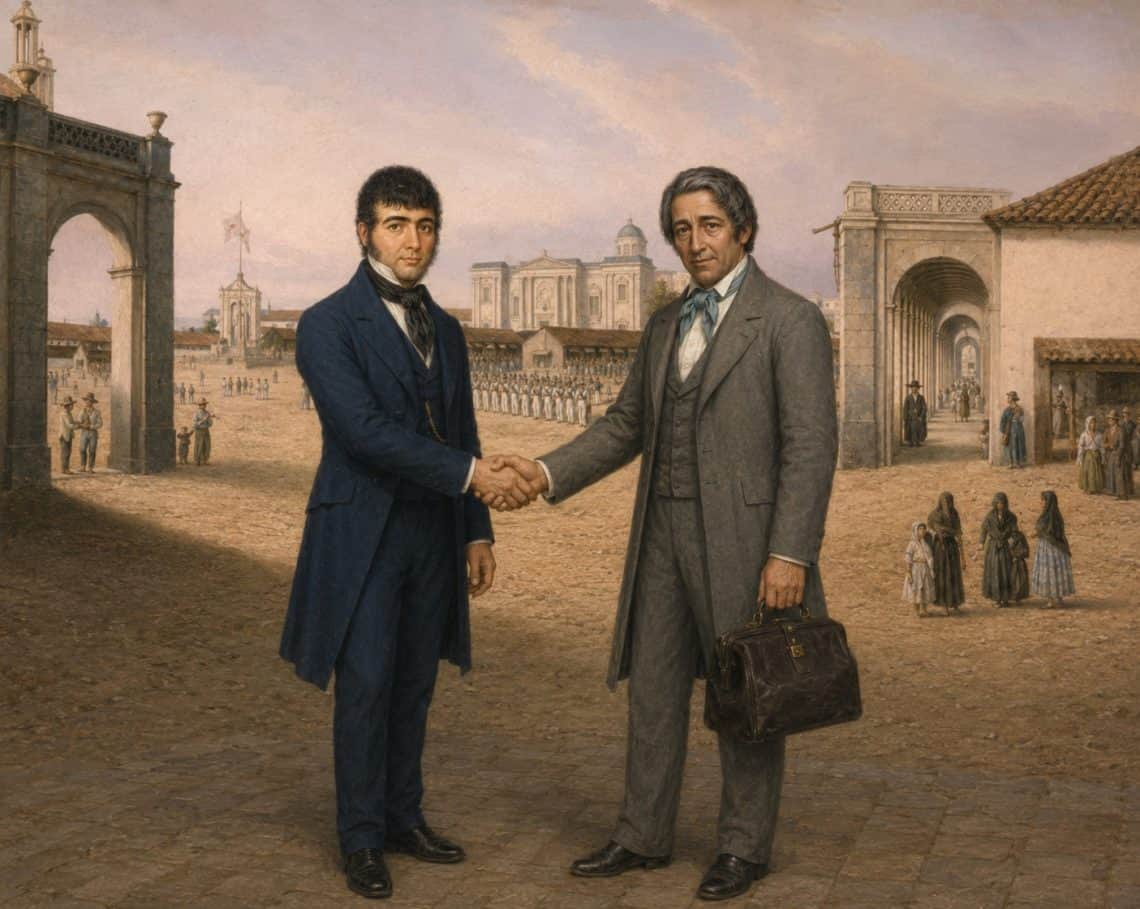En 1829, a la caída del conservador Mariano Beltranena, fueron electos dos políticos liberales para gobernar el Estado de Guatemala: el doctor Pedro Molina, como jefe y Antonio Rivera Cabezas (de azul) como vicejefe. (Ilustración IA elaborada con retratos históricos)