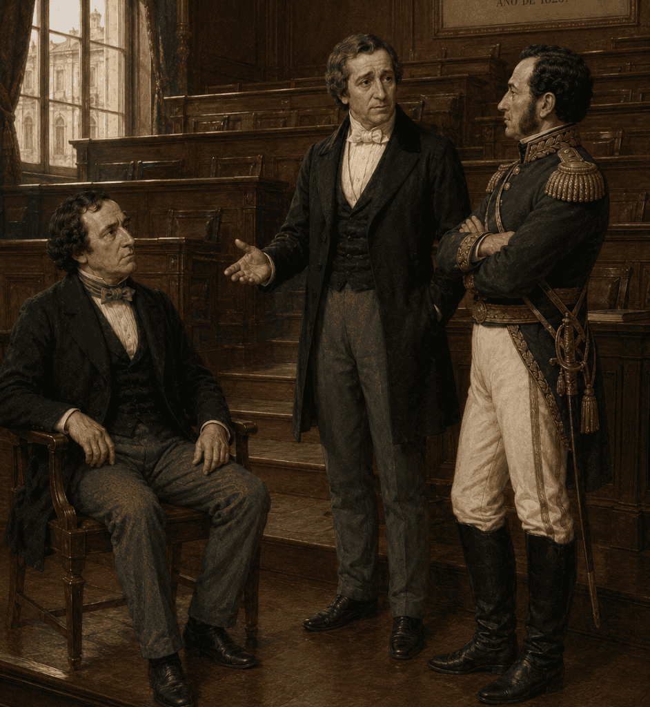 Three men in 19th-century clothing talk in a wood-paneled room; one sits, one gestures, a uniformed officer stands with a sword.
