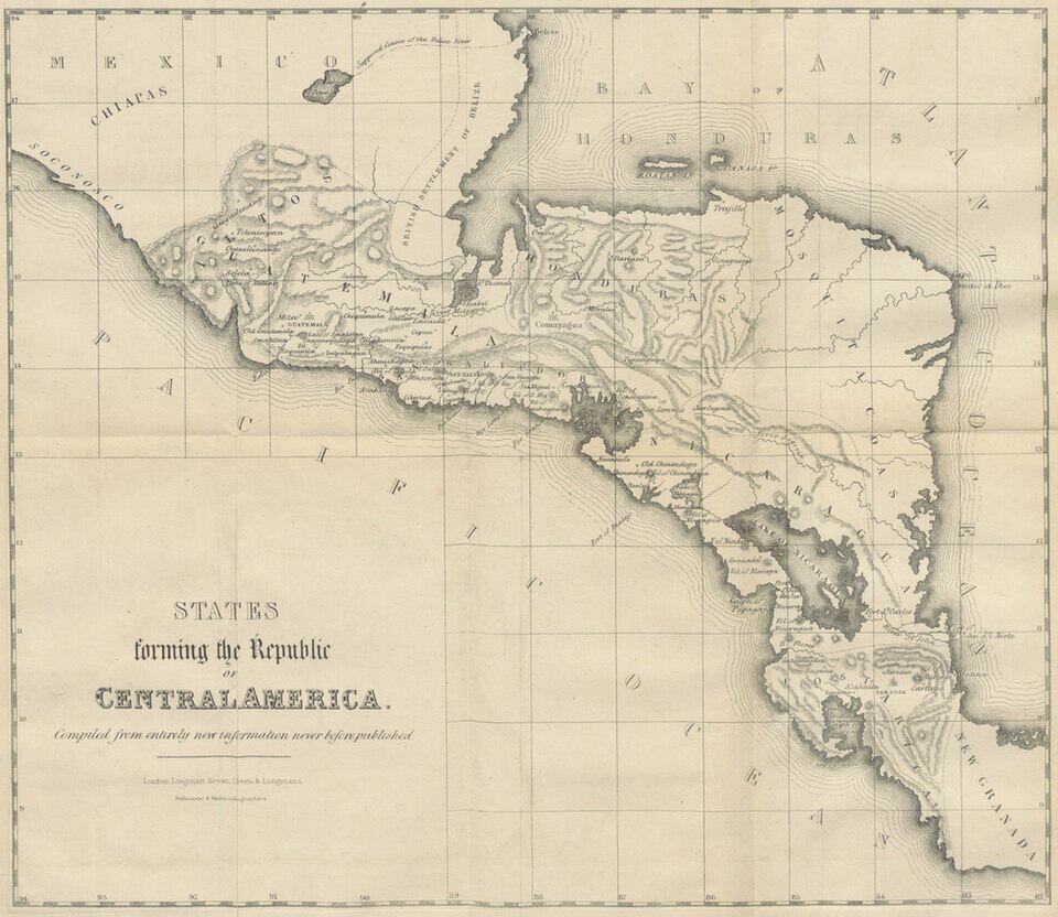 Mapa de la República Federal de Centro América, integrada por cinco Estados (anteriormente provincias): Guatemala, El Salvador, Honduras, Nicaragua y Costa Rica. Cada uno tenía su propio Jefe de Estado, pero la capital del Estado de Guatemala y la Capital Federal estaban en territorio guatemalteco.