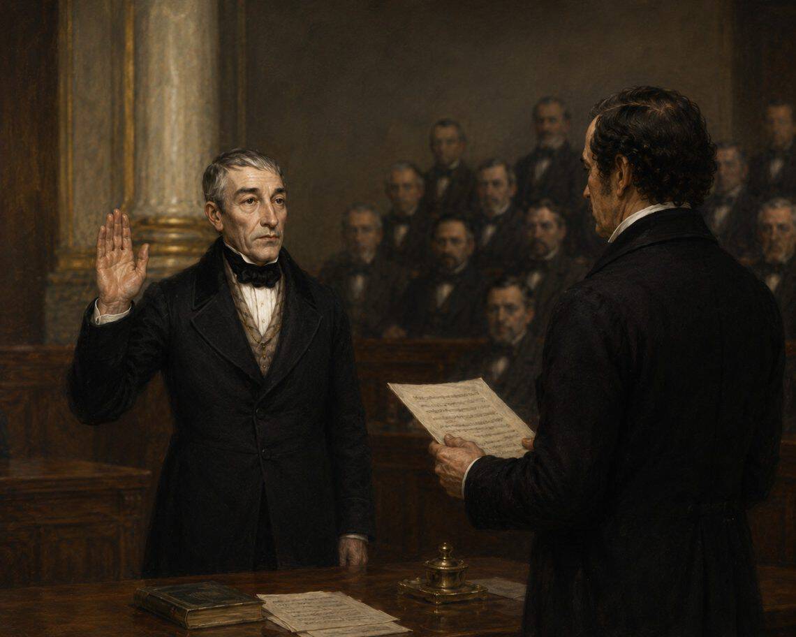 Juan Antonio Martínez, exitoso comerciante y conocido por todos como un hombre honrado, aceptó, a pesar de sus dudas iniciales, la designación de Presidente de la República de Guatemala y fue juramentado el 17 de agosto de 1848 por la Asamblea Nacional, dominada por liberales. (Ilustración IA con el tema de la juramentación de Martínez, basada en un retrato histórico suyo)
