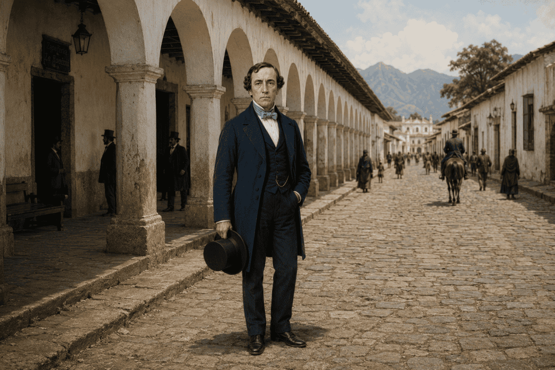 Man in a dark blue 19th-century suit and bow tie stands on a cobblestone street under an arcaded colonnade, holding a top hat.