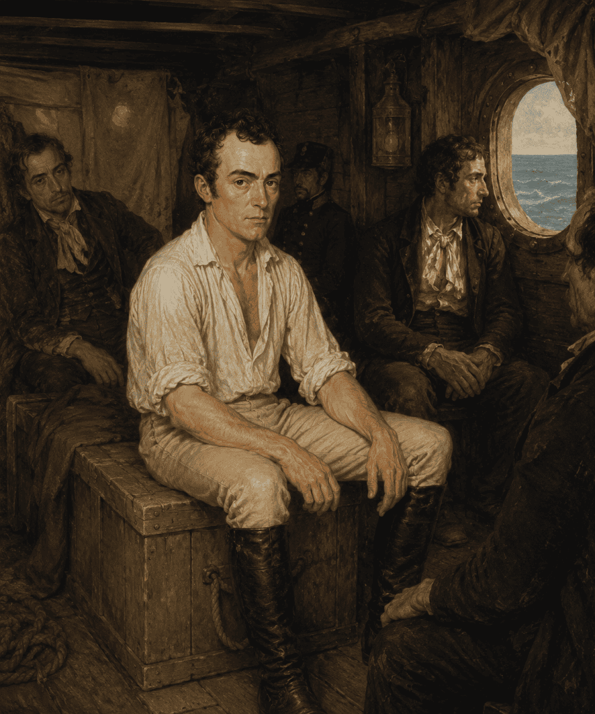 Representación de la salida de Mariano de Aycinena al Exilio en 1829, tras renunciar a la jefatura de Estado de Guatemala. Fue expatriado junto a integrantes de su familia en un a goleta. Pudo volver a Guatemala casi una década después.