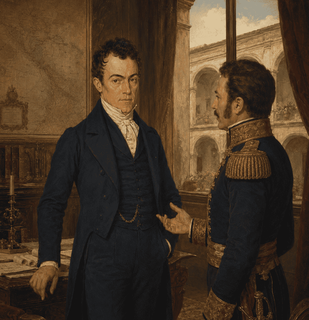 El jefe de Estado conservador Mariano de Aycinena defendió la ciudad de Guatemala de los intentos de invasión desde El Salvador, con el apoyo de Manuel José Arce, liberal salvadoreño, Presidente de la Federación, que era considerado "traidor" por haberse aliado con los conservadores. (Ilustración IA elaborada con base en retrato histórico de Aycinena)