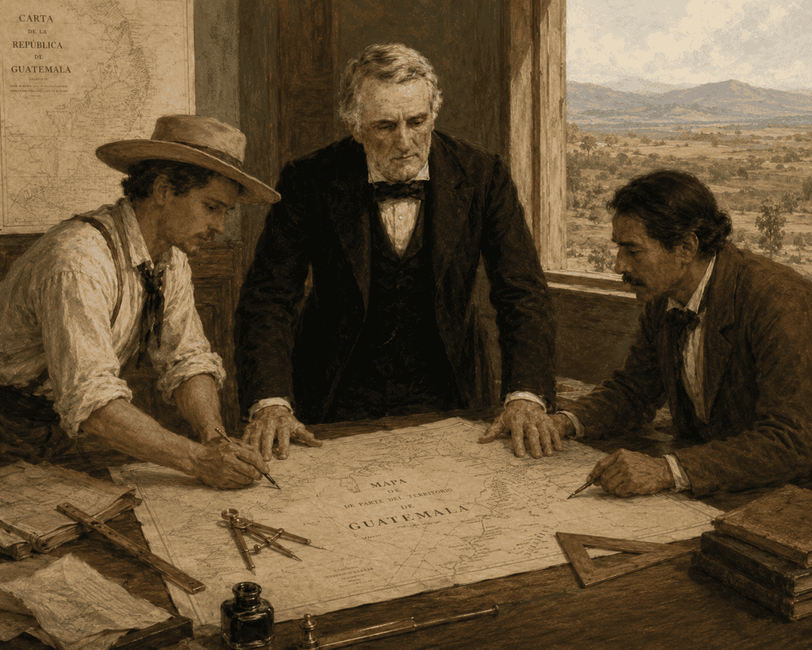 Esta ilustración representa la oposición de Pedro José Valenzuela, exjefe de Estado, a la firma de un tratado con Inglaterra, llamado Wyke-Aycinena, que cedía parte del territorio de Belice a cambio de una carretera, que nunca se construyó. Valenzuela murió en 1865.