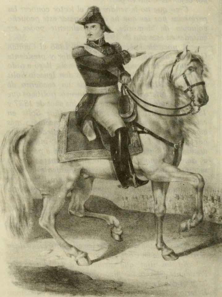 Litografía de Rafael Carrera publicada en México. Tras renunciar a la presidencia el 15 de agosto de 1848, partió al exilio hacia Chiapas.