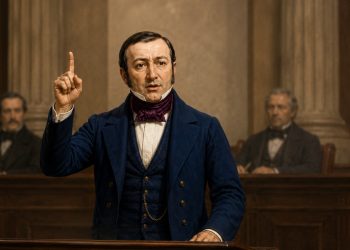 19th-century man in a navy suit raises his index finger while speaking from a wooden lectern in a courtroom setting.