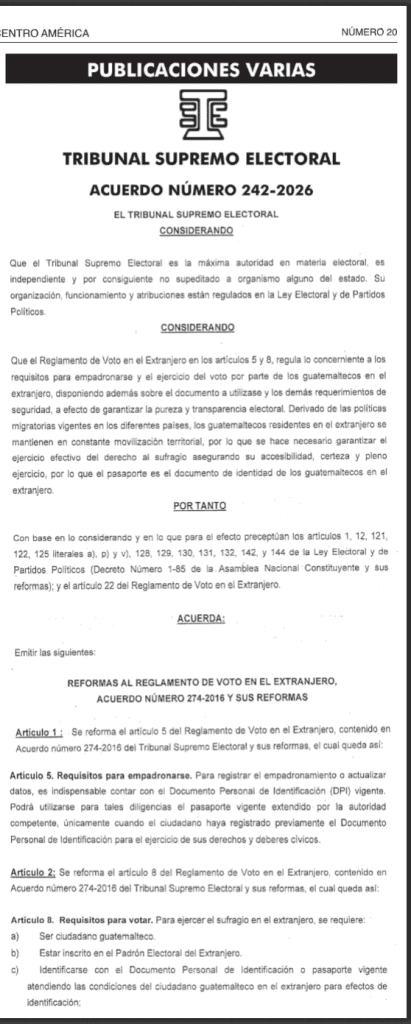 Cover page of a TSE document titled 'ACUERDO NÚMERO 242-2026' about reforms to voting regulations abroad, featuring the emblem and 'PUBLICACIONES VARIAS' header.