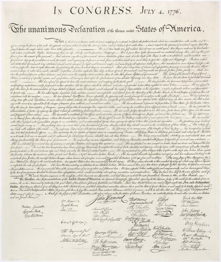 La declaración de Independencia firmada el 4 de julio de 1776 hace alusión a Los 13 Estados Unidos de América.