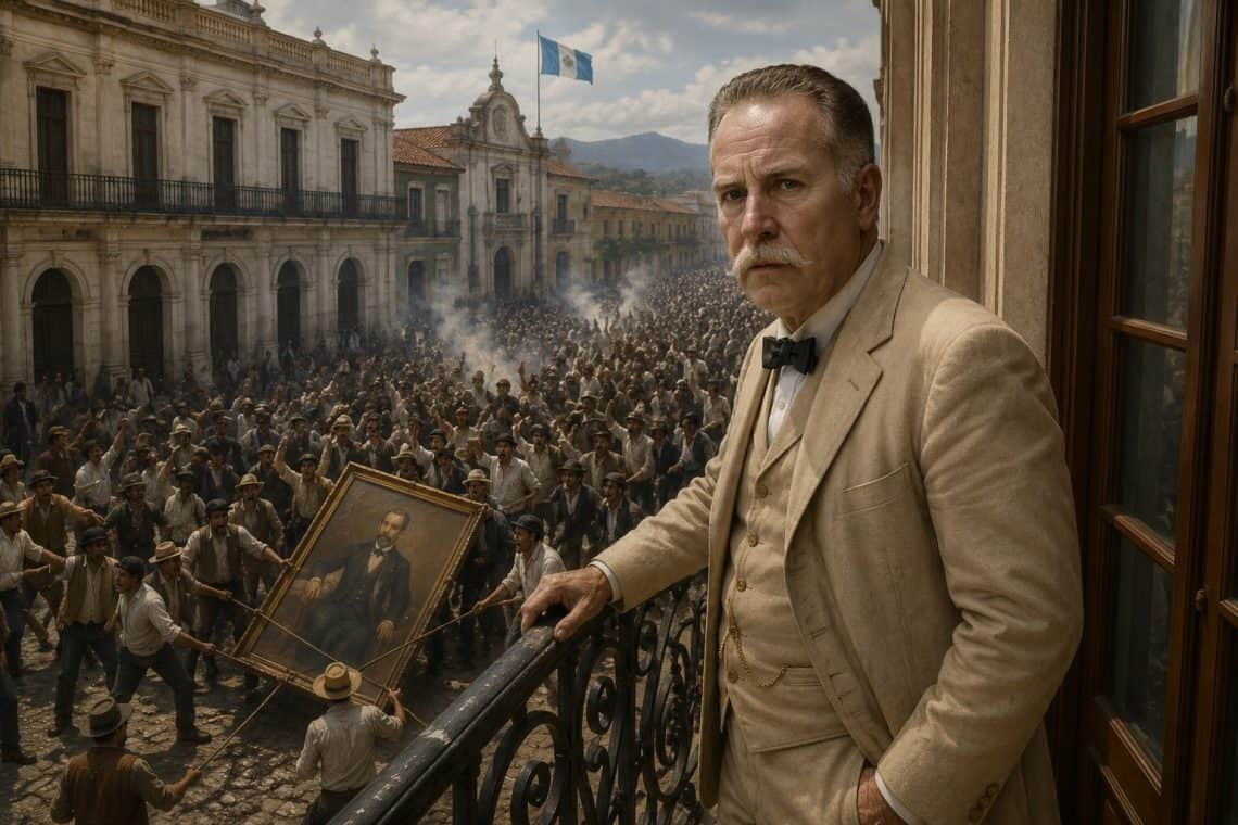 Tras conocerse en la capital de Guatemala la muerte del general Justo Rufino Barrios, la asamblea nombró al primer designado Alejandro Manuel Sinibaldi Castro, un comerciante que había sido alcalde de la capital. Pero comenzó una protesta en la cual arrastraban un retrato del finado dictador Barrios. (Ilustración IA con base en un retrato histórico)