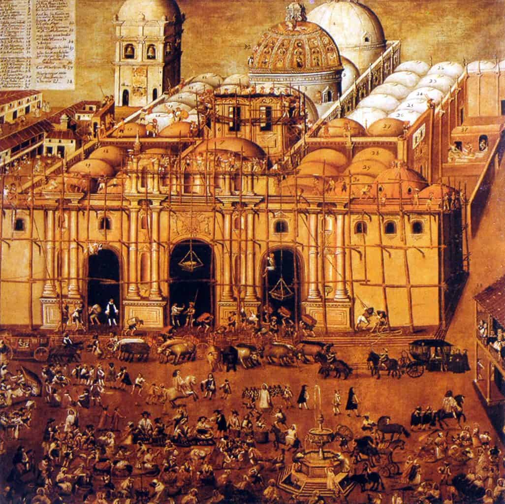 La construcción de la Catedral de Santiago de los Caballeros en 1678, reflejada por el artista colonial Antonio Ramírez. No solo es un testimonio de un proyecto arquitectónico sino de toda una sociedad colonial en plena actividad. Puede notarse la cúpula o cimborrio, así como una torre de campanario, que hoy solo pueden imaginarse.