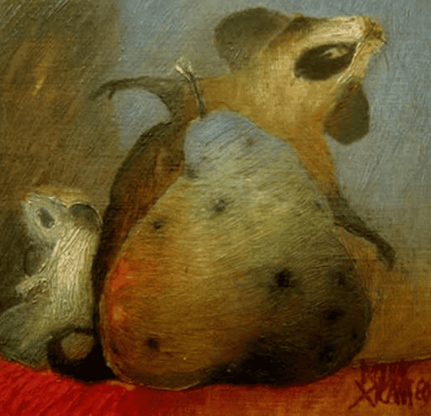 Rolando Ixquiac Xicará expresó sus cuestionamientos a la sociedad y sus contradicciones de formas ingeniosas y desafiantes. (Pintura de Rolando Ixquiac Xicará 1947-2018)