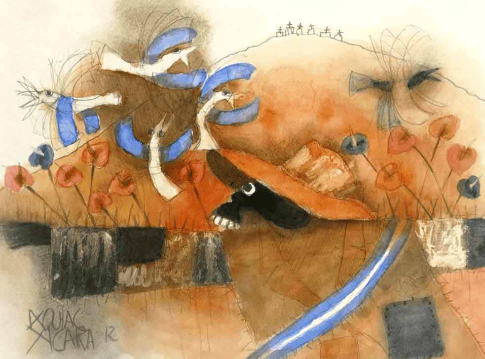 Rolando Ixquiac Xicará expresó con colorido incluso los temas más difíciles: en este cuadro, aves azul y blanco vuelan sobre un campo en el cual hay una osamenta y también una especie de banda presidencial. (Pintura de Rolando Ixquiac Xicará,incluida con propósitos educativos y de difusión cultural)