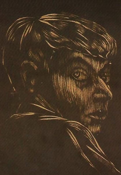 Sketch of a man in profile facing right, with short hair and a partial beard, drawn in light lines on a dark background.