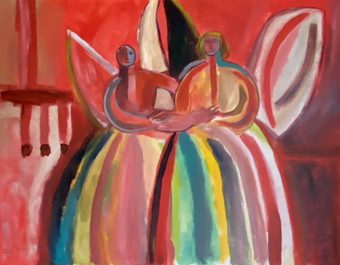 Abstract painting of two stylized figures in a rainbow dress against a red background.
