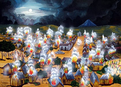 Los horrores del conflicto armado interno también fueron evocados por el maestro Óscar Perén en algunas pinturas. "Me dolía pintar eso", dijo en una entrevista de 2002 con la periodista Ingrid Roldán. (Pintura de Óscar Perén)
