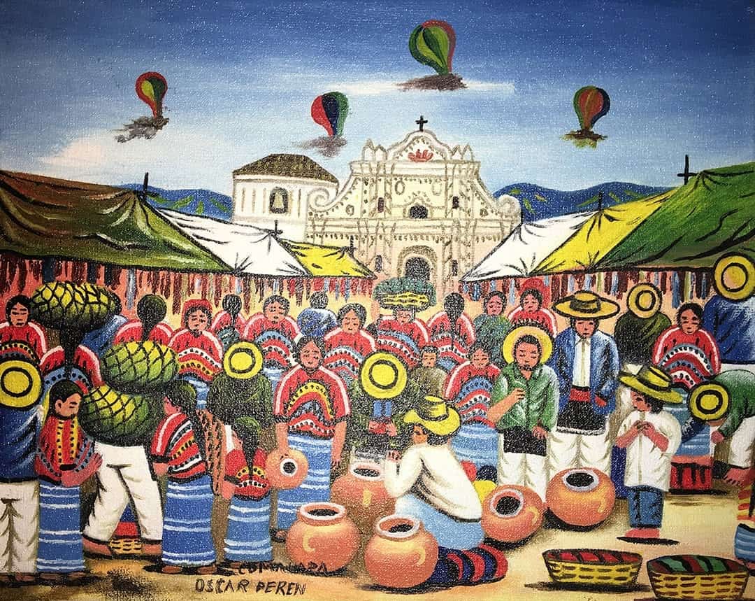 Los famosos globos de papel que se elevaban durante las fiestas patronales de San Juan Comalapa eran un símbolo inconfundible de las pinturas de Óscar Perén. (Pintura de Oscar Perén 1951-2025)