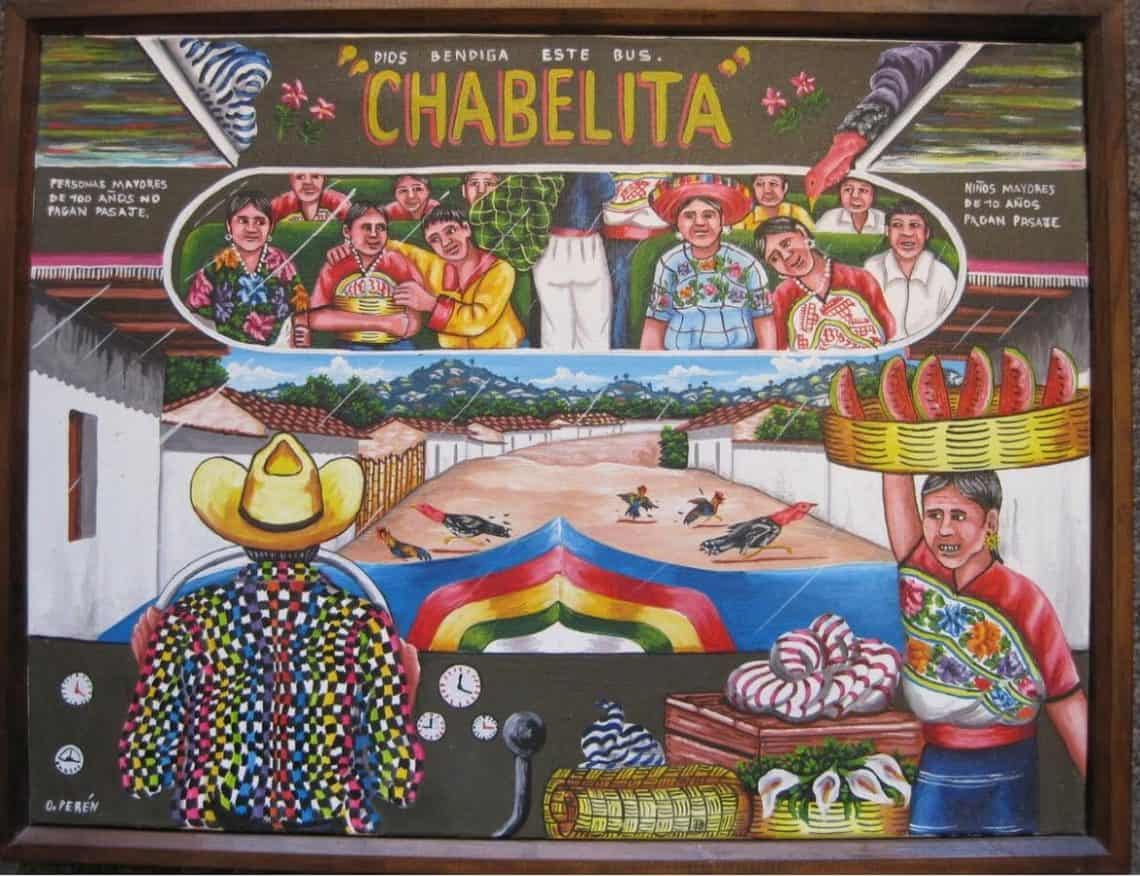 Bright mural titled 'Chabelita' showing a crowded bus with smiling passengers, a market scene below, and a vendor carrying a fruit basket.