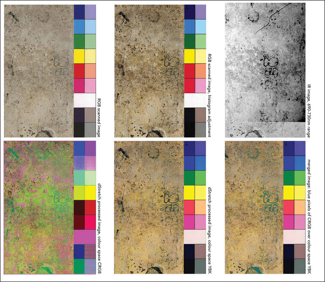 Mediante fotografías con diversos espectros de luz se logró observar y recuperar detalles que a simple vista no se notan, debido a la antigüedad y deterioro de la pintura durante 1200 años. (Fotografía del estudio de Xultún que logró este histórico descubrimiento)