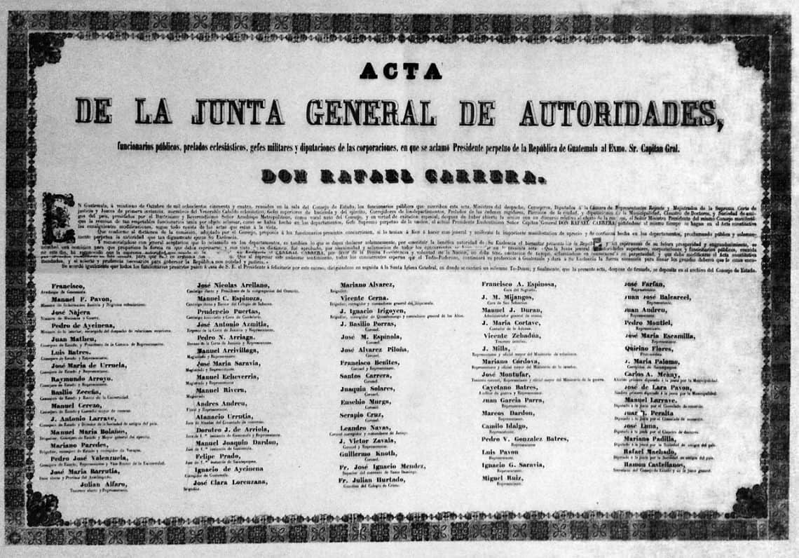 Declaración de Rafael Carrera como Presidente Vitalicio de Guatemala, con nombres de quienes la apoyaron, entre ellos numerosos allegados del clan Aycinena. Pedro de Aycinena fue uno de los negociadores de esta declaratoria.