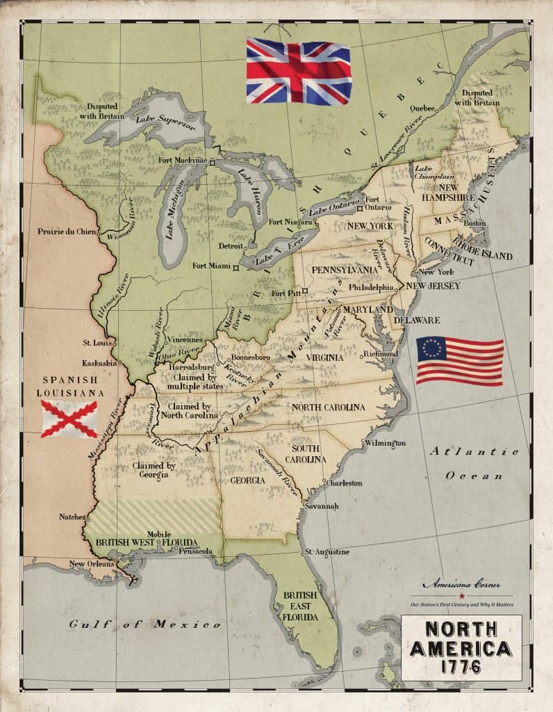 Territorio de las 13 colonias que se declararon Estados el 4 de julio de 1776. Puede observarse el territorio de Louisiana que estaba bajo control español desde 1762. El gobernador Unzaga apoyó a los rebeldes independentistas. y fue el primero en referirse a los Estados Unidos Americanos.