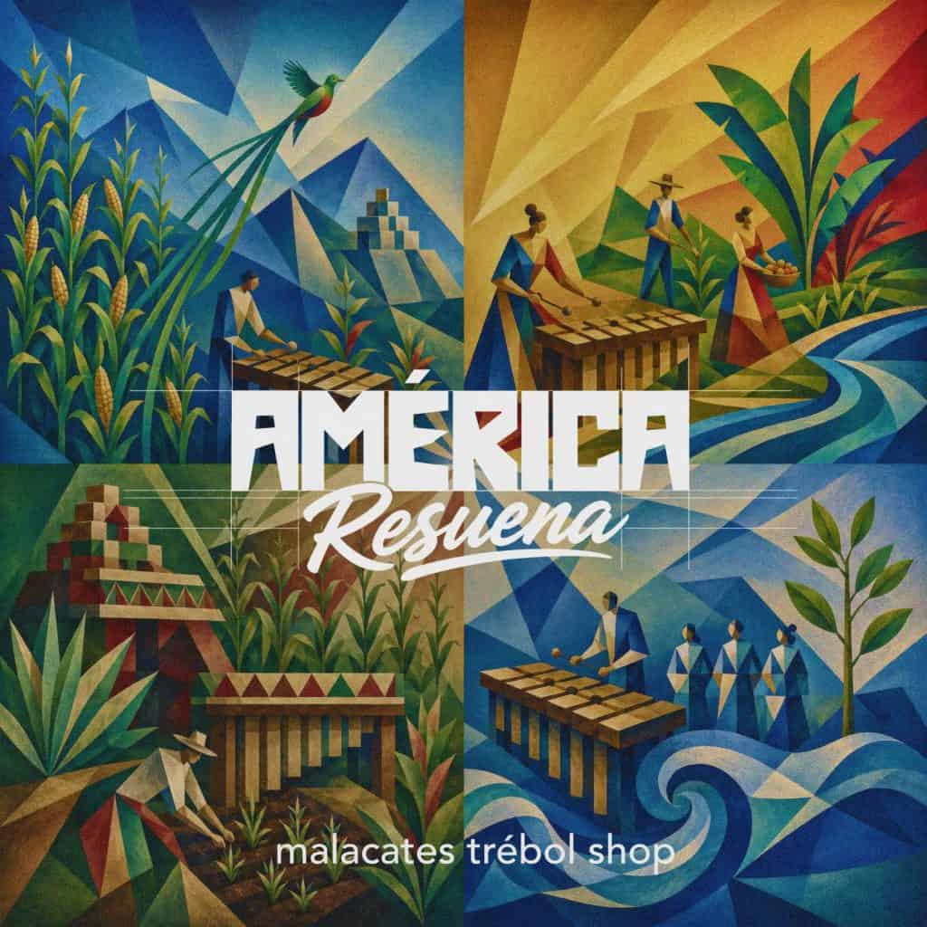 La icónica portada de América Resuena integra visualmente las tradiciones marimbísticas de varios países de América en donde se cultiva este instrumento que se convierte así en un puente de hermandad.