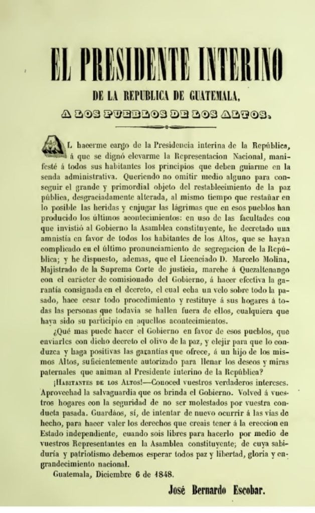 Este fue el manifiesto que el presidente José Bernardo Escobar lanzó a quienes se habían rebelado en Los Altos y pretendían de nuevo declarar el Sexto Estado. Fechado 6 de diciembre de 1848.