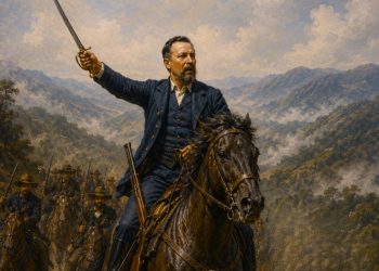 Man in a blue uniform on a galloping horse, sword raised, leading a cavalry charge through a mountainous battlefield.