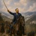 Man in a blue uniform on a galloping horse, sword raised, leading a cavalry charge through a mountainous battlefield.