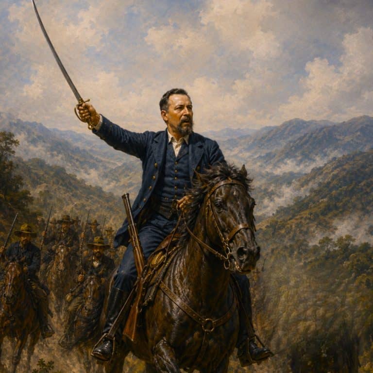 Man in a blue uniform on a galloping horse, sword raised, leading a cavalry charge through a mountainous battlefield.