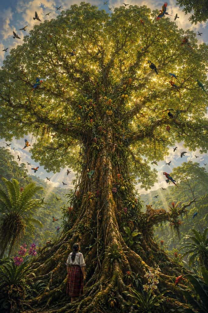 Era un árbol enorme y majestuoso que tenía toda clase de frutas y todos los animales llegaban a alimentarse son ellas. La gente también podía agarrar y comer.