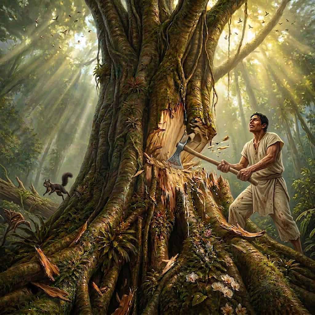 Man swinging an axe at a massive, mossy tree trunk in a sunlit forest; a small squirrel watches from the left as leaves and roots spill around the scene.