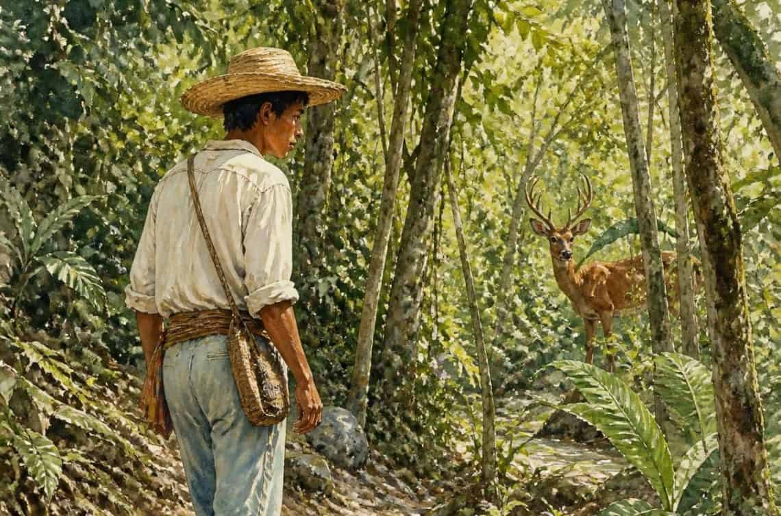 Jorge se topó con un hermoso venado, intentó dispararle pero el animal huyó. Lo siguió por el espeso bosque y en el camino perdió el arma, pero siguió detrás de su rastro,.
