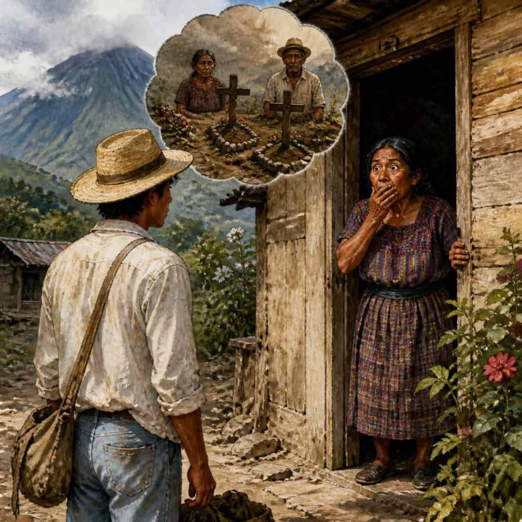 Cuando Jorge llegó al pueblo, lo vio diferente, cambiado, más grande y en su casa estaba una señora: ¡Soy tu hermana menor!, le dijo. Cuando te fuiste aquella vez a la montaña ya no supimos más de vos, te buscamos sin encontrarte. Nuestros padres ya fallecieron y siempre pidieron por que apareciera s con vida...
