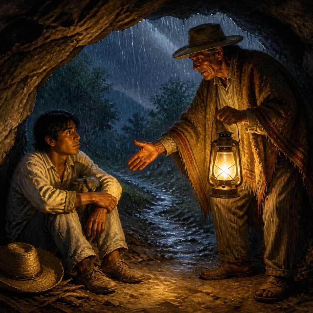Empezó a llover recio, con relámpagos y el agua empezaba a entrar en la pequeña gruta donde se refugio. En eso, un anciano que vivía cerca le ofreció refugio en su cabaña.