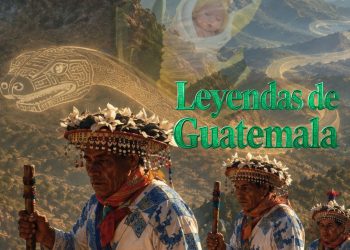 Three men in traditional Guatemalan ceremonial dress, holding staffs, standing against a mountainous landscape with decorative green title text overlay partially visible.