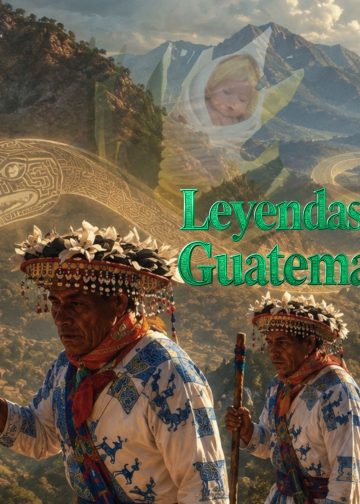 Three men in traditional Guatemalan ceremonial dress, holding staffs, standing against a mountainous landscape with decorative green title text overlay partially visible.