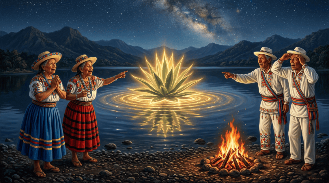 Four Indigenous people in colorful traditional clothing stand by a campfire on a rocky shore at night, gazing at a glowing agave plant in the lake.