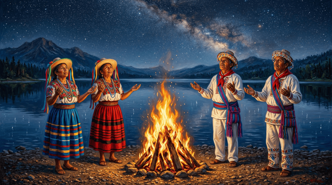 Por fin llegaron hasta una laguna donde encendieron una gran hoguera, para rendir homenaje a los ancestros y pedir su sabiduría.