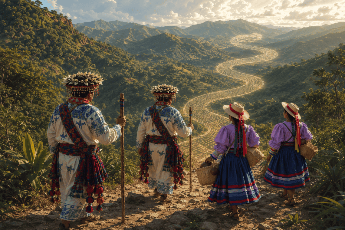 Partieron los sabios, guiados por Jor Chan, la serpiente mítica, entre las montañas.