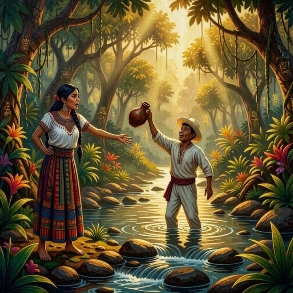 A man in a white tunic and straw hat offers a clay pot to a woman in a colorful traditional skirt by a sunlit jungle river.
