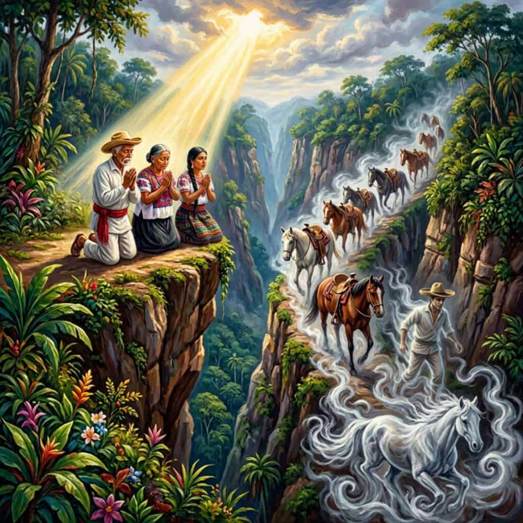 Cuando ya estaban por recibir los caballos con riquezas, los padres reflexionaron y pensaron en Dios. En ese momento, los caballos y el hombre se esfumaron. Nunca más lo volvieron a ver y todas aquellas riquezas quedaron en el barranco.