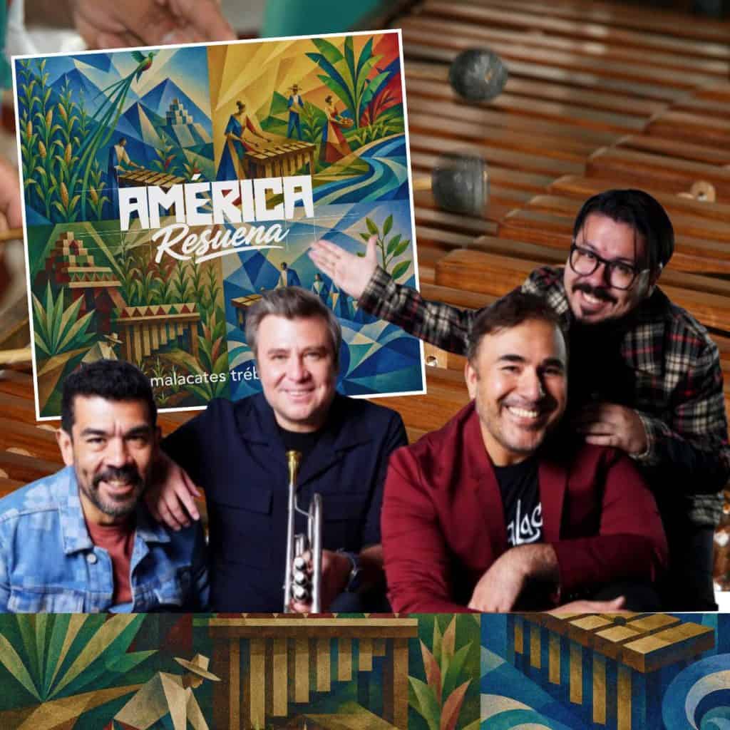Four men posing with a bright geometric poster reading 'AMÉRICA Resuena' in a room with wooden benches in the background.