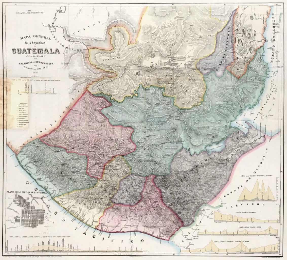 Historical map of Guatemala (1859) with colored regional borders, relief shading, and coastal labels.