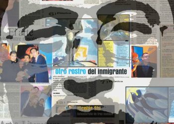 Abstract collage of newspaper clippings, colorful portraits, and dark shapes conveying immigrant art and culture.